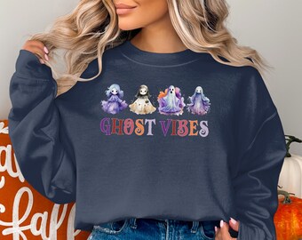 Halloween Sweatshirt, Halloween Spooky Ghosts Vibes Sweater, Cute Fall Sweater, Halloween Party Costume Sweatshirt, Funny Halloween Sweater