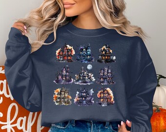 Halloween Sweatshirt, Halloween Spooky Houses Sweater, Cute Fall Sweater, Halloween Party Costume Sweatshirt, Funny Halloween Sweater