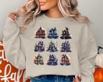 Halloween Sweatshirt, Halloween Spooky Houses Sweater, Cute Fall Sweater, Halloween Party Costume Sweatshirt, Funny Halloween Sweater