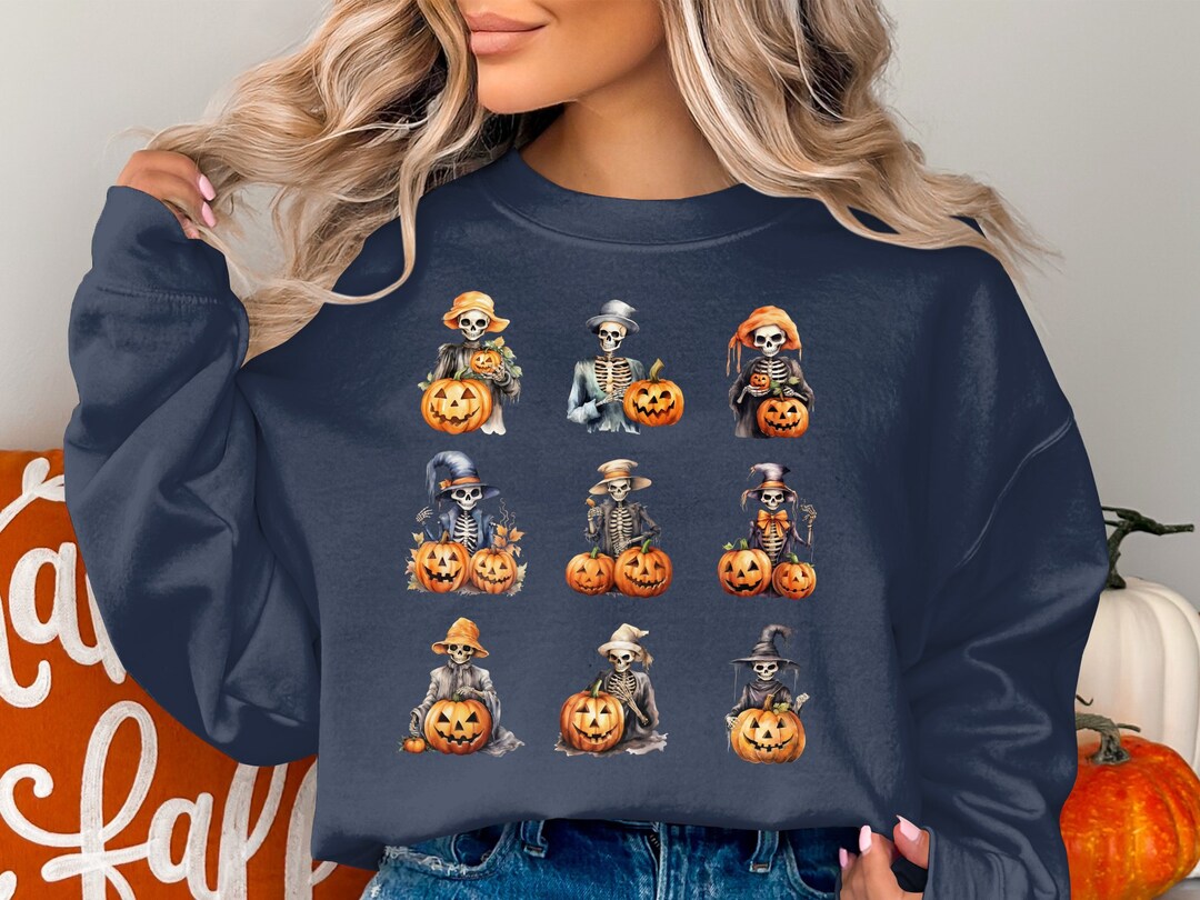 Halloween Sweatshirt, Skeletons Halloween Pumpkin Sweater, Cute Fall