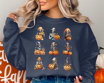 Halloween Sweatshirt, Skeletons Halloween Pumpkin Sweater, Cute Fall Sweater, Halloween Party Costume Sweatshirt, Funny Halloween Sweater