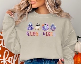 Halloween Sweatshirt, Halloween Spooky Ghosts Vibes Sweater, Cute Fall Sweater, Halloween Party Costume Sweatshirt, Funny Halloween Sweater