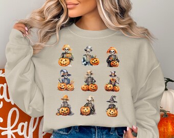 Halloween Sweatshirt, Skeletons Halloween Pumpkin Sweater, Cute Fall Sweater, Halloween Party Costume Sweatshirt, Funny Halloween Sweater