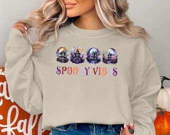 Halloween Sweatshirt, Halloween Spooky Vibes House and Moon Sweater, Cute Fall Sweater, Halloween Party Costume Sweatshirt, Funny Halloween