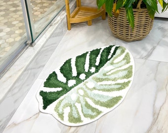 Monstera Leaf Tufted Rug | Plant Non-slip Bath Mat | Soft Washable Area Rug | Leaf Floor Mat Carpet for Bedroom, Living Room