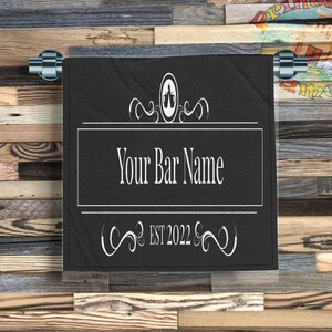 May include: Black and white bar sign with the text "Your Bar Name" and "EST 2022". The sign has a decorative design with a stylised image of two beer mugs.