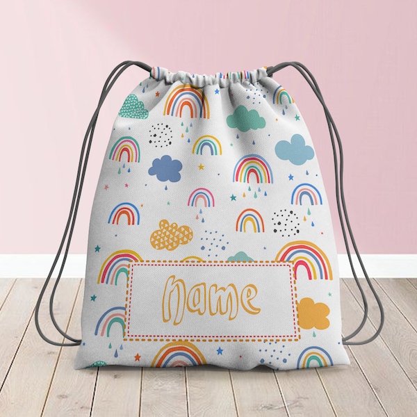Personalised Kids Rainbow Drawstring Bag - Children's Bag, For Boys, For Girls, Custom, Named Backpack, Personal School Bag