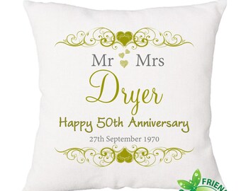 Personalised golden 50th wedding anniversary keepsake cushion gift present