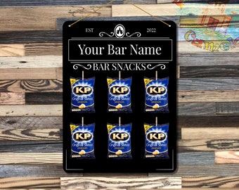 Personalised Bar Snack Holder, Custom Pub Snack Board with Clips, Metal Bar Sign, Home Bar Decor Essentials, Man Cave Gift, Beer Lover Gift