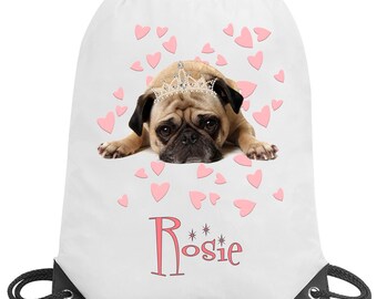 Dog pug personalised drawstring bag school dance gym swimming pe nursery gift