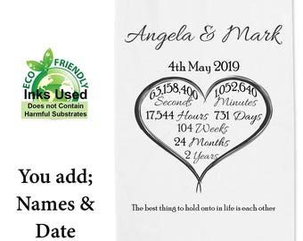 Personalised Tea Towel 2nd Cotton Anniversary,Second,Minute,Hour,Week,Month,Year