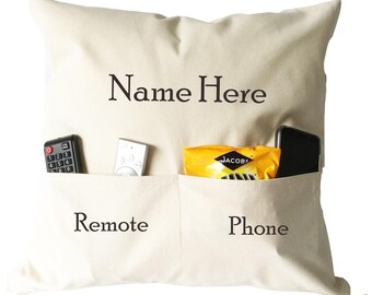 Personalised pocket cushion canvas natural cotton gift 18 x 18 child tv remote