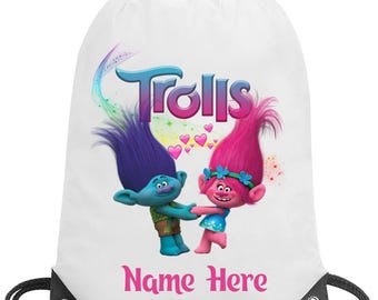Trolls personalised school gym swimming pe nursery drawstring waterproof bag