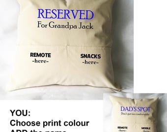 Pocket cushion personalised canvas natural cotton gift 18x18 dads tv remote