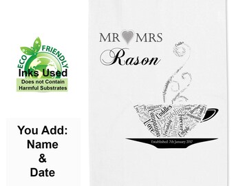 Personalised wedding day tea towel, 2nd anniversary cotton towel valentines gift
