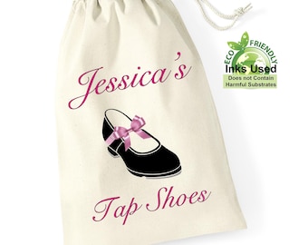Personalised tap jazz shoes pink bow cotton draw string bag print birthday gift