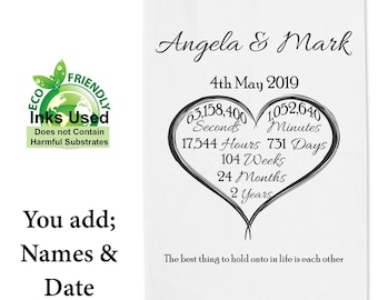 Personalised tea towel 2nd cotton anniversary,second,minute,hour,week,month,year