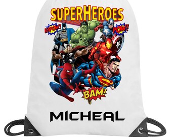 Superheroes personalised school gym swimming pe nursery drawstring bag gift
