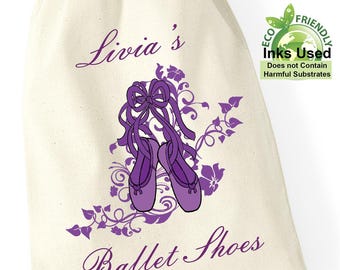 Ballet cotton draw string shoe bag sack personalised purple print girl boy gift