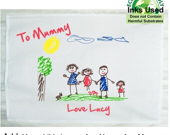 Personalised tea towel child's drawing birthday mum nan sister grandad dad
