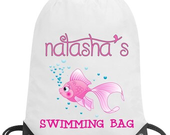 Personalised swimming girl fish pink nursery drawstring gym pe bag school gift