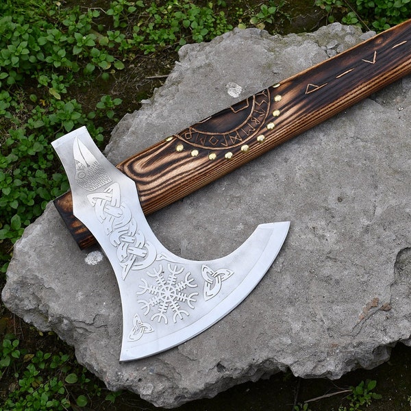 Beautiful Viking Axe, Carving Axe Handle made by Ash Wood,Viking hatchet With Axe sheath, Bearded Axe, Tomahawk,Hand Forged Battle Ready Axe