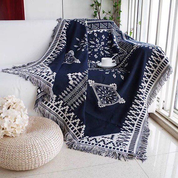 Boho Woven Throw Blanket Reversible Cotton Bohemian Tapestry