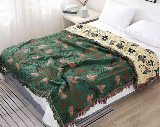 Large Reversible Scandi Nordic Green Cotton Bedspread Bed Throw Bed ...