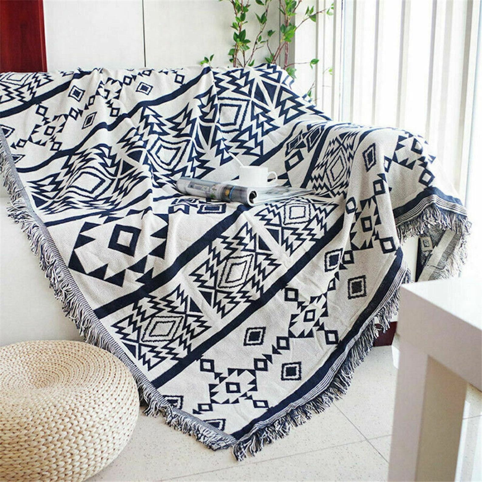 Large Aztec Throw Blanket Bohemian Navy Cotton Throw Blanket Etsy