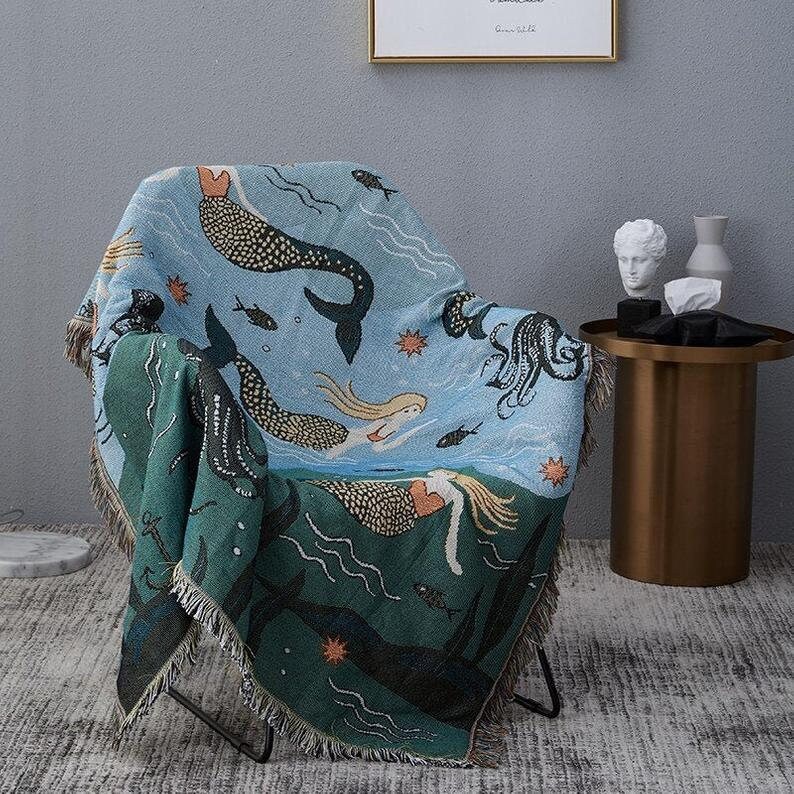 Large Mermaid Tapestry Throw Blanket Woven Cotton Fringed Sofa Etsy UK