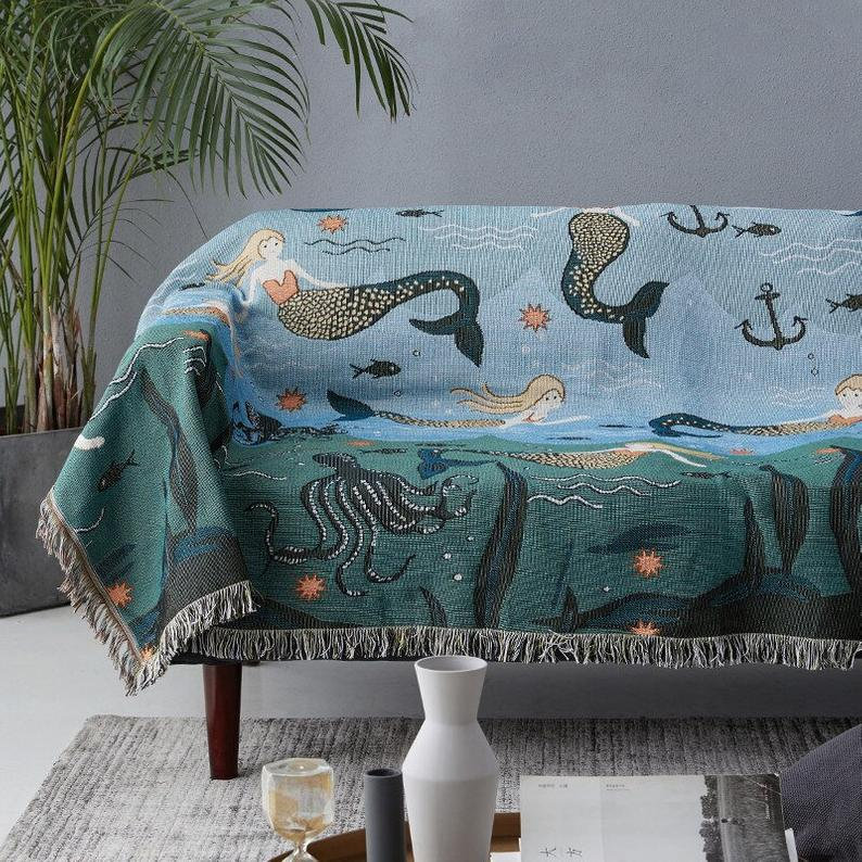 Large Mermaid Tapestry Throw Blanket Woven Cotton Fringed Sofa Etsy UK