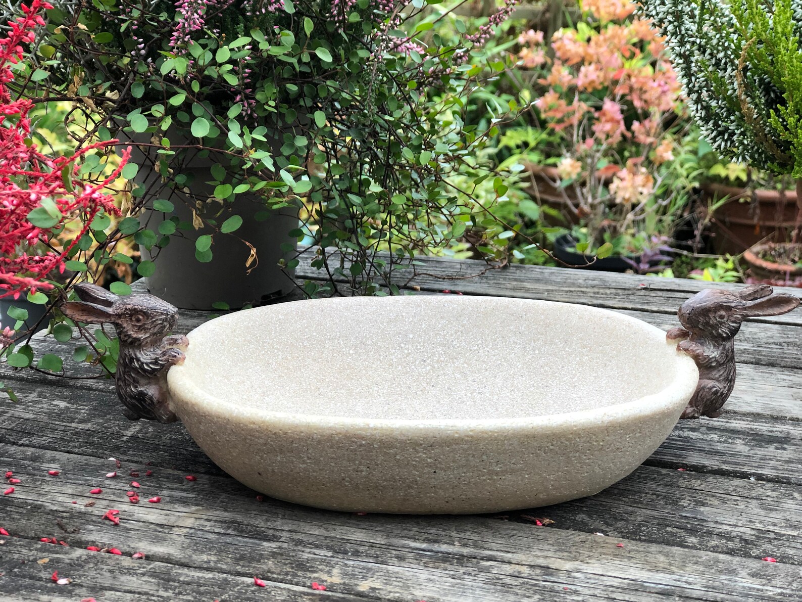 Rabbit On Stone Bowl Resin Garden Bird Bath Bird Feeder Dish Etsy