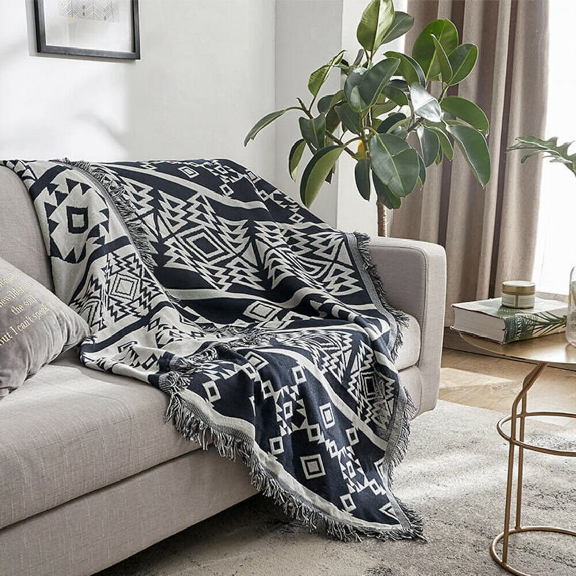 Large Aztec Throw Blanket Bohemian Navy Cotton Throw Blanket Etsy