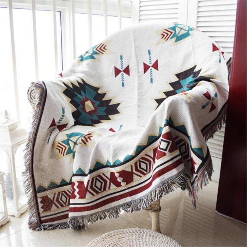 Aztec Throw Blanket Cotton Bohemian Throw Blanket Fringed Sofa Etsy UK