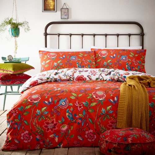 Red Floral Duvet Cover Set Reversible 