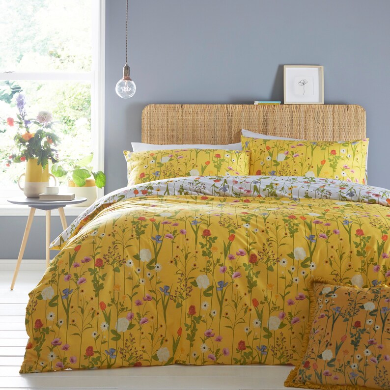 Yellow Floral Duvet Cover Set Reversible Botanical Flowers Etsy UK