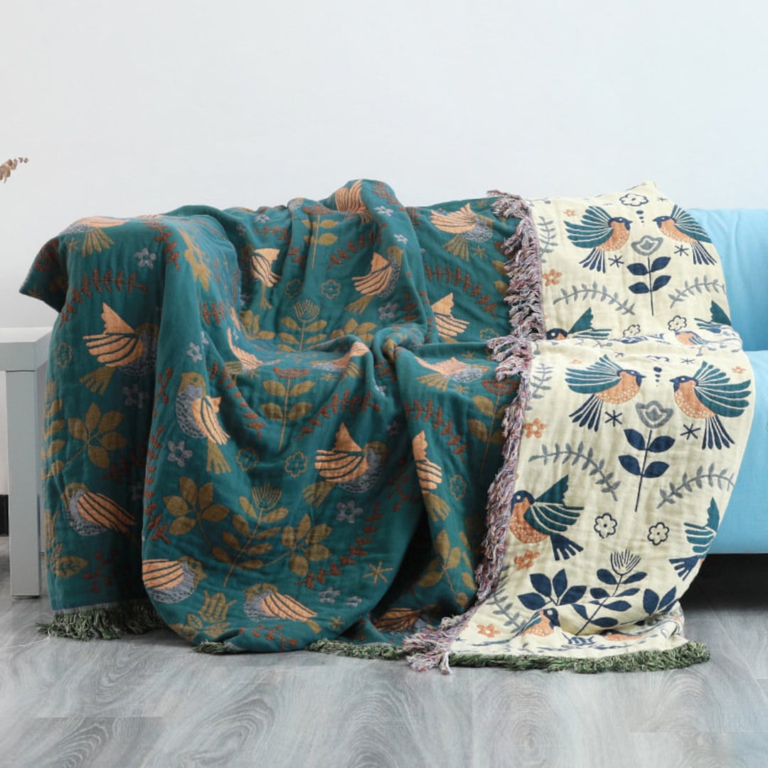 Reversible Scandi Nordic Teal Sofa Throw Blanket Boho Throw 