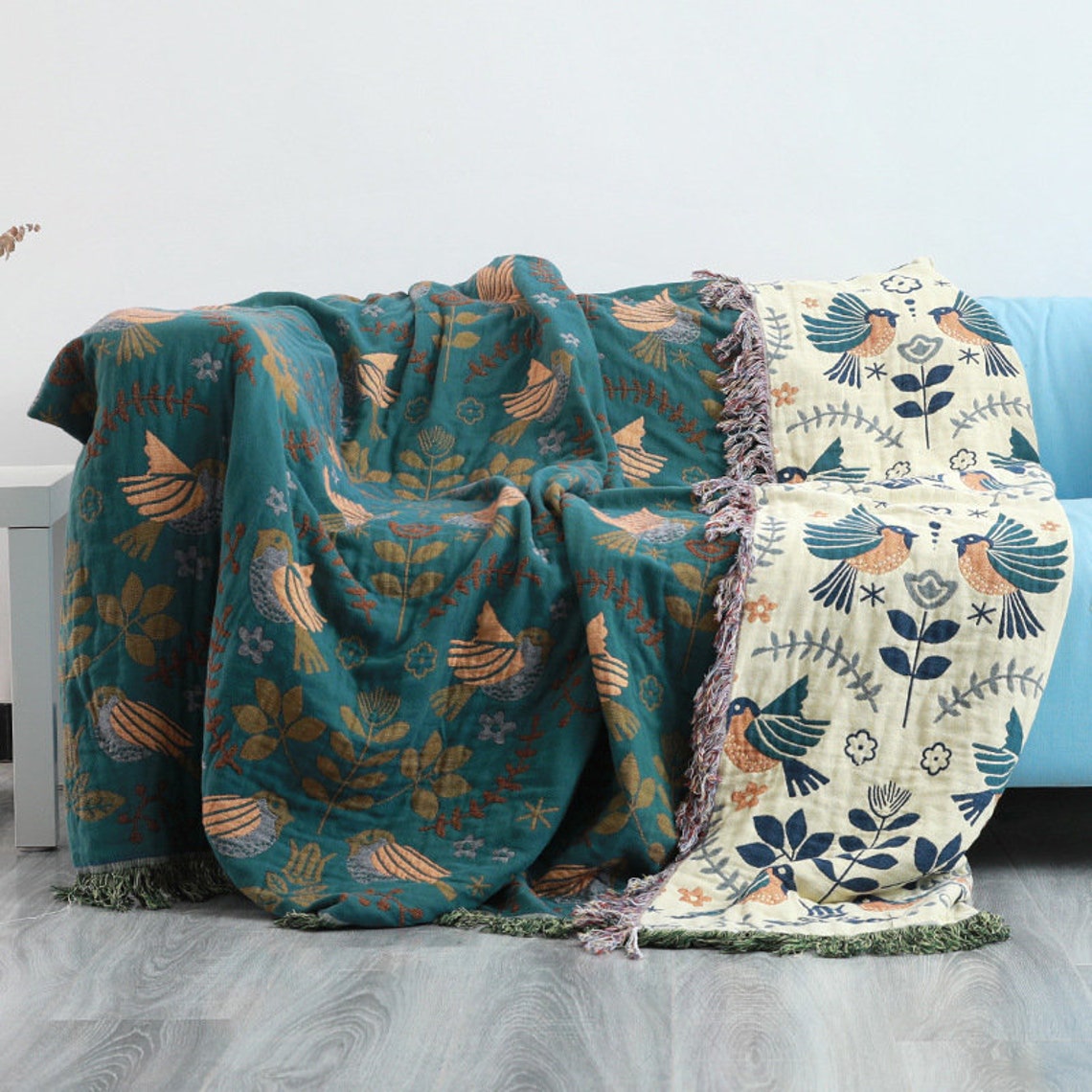 Reversible Scandi Nordic Teal Sofa Throw Blanket Boho Throw Etsy