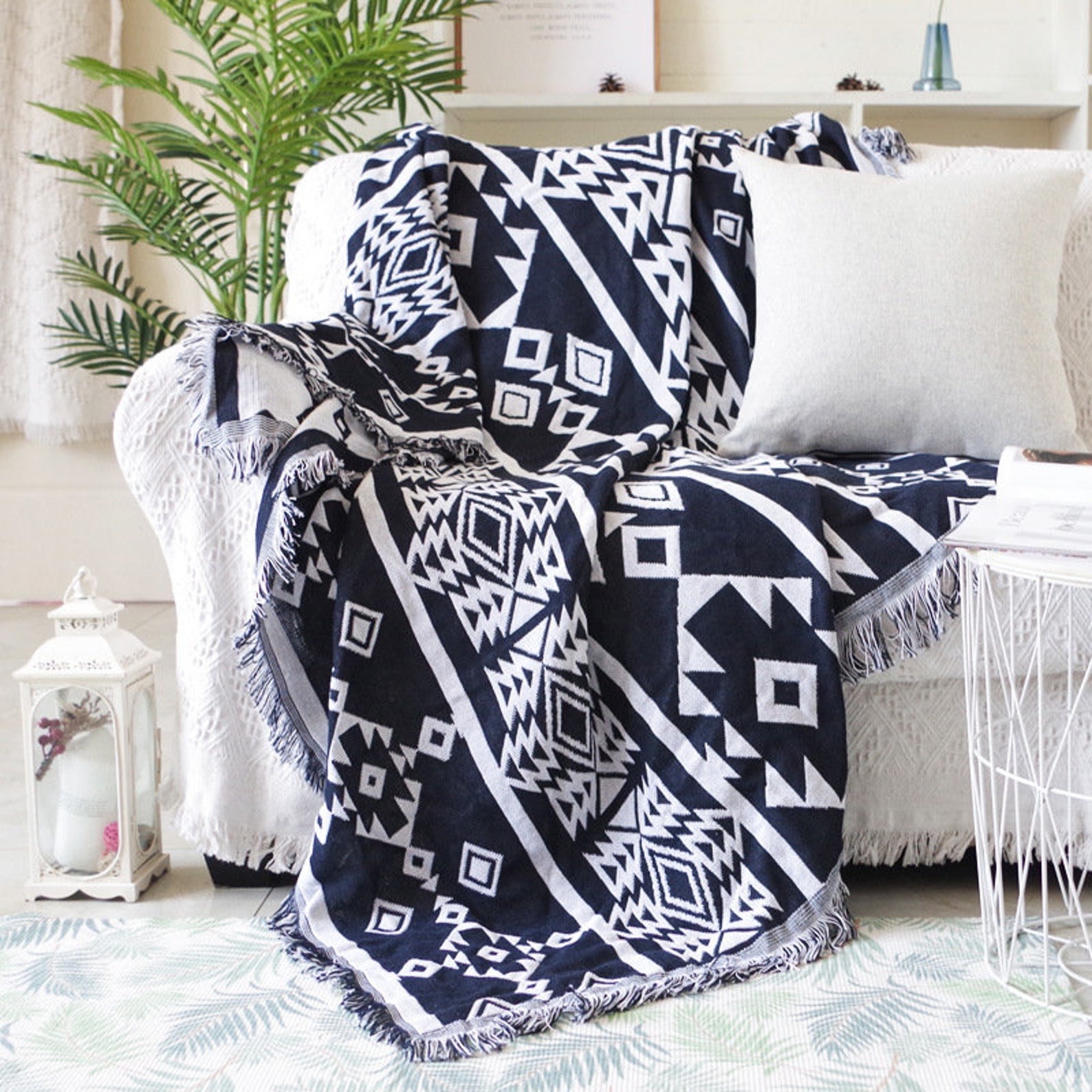 Large Aztec Throw Blanket Bohemian Navy Cotton Throw Blanket Etsy