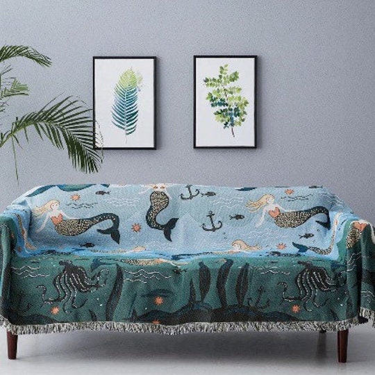 Large Mermaid Tapestry Throw Blanket Woven Cotton Fringed Sofa Etsy UK