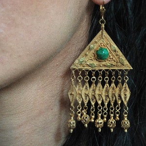 Handmade Yemenite Earrings,21ct Gold plated Silver with EILAT stone, Vintage,Antique,Filigree Technique,Middle-Eastern Earrings.