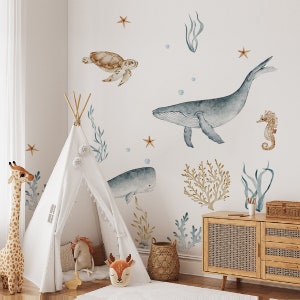 Calcomanías de pared Ocean Life para decoración de guardería, decoración de habitación para niños, juego de pegatinas de animales marinos subacuáticos con ballenas, tortugas marinas, dormitorio de niños