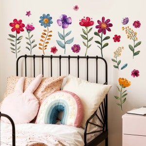 Wildflower Wall Decals for Nursery, Flower Wall Stickers Girl's Bedroom Decor, Nursery Decals Removable, Baseboard Decal,Wall Corner Decor image 1