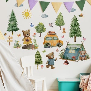 Bear Family Children's Room Wall Sticker, Kids' Bedroom Forest Wall Art, Nursery Woodland Forest Wall Decals Nursery Decor image 1