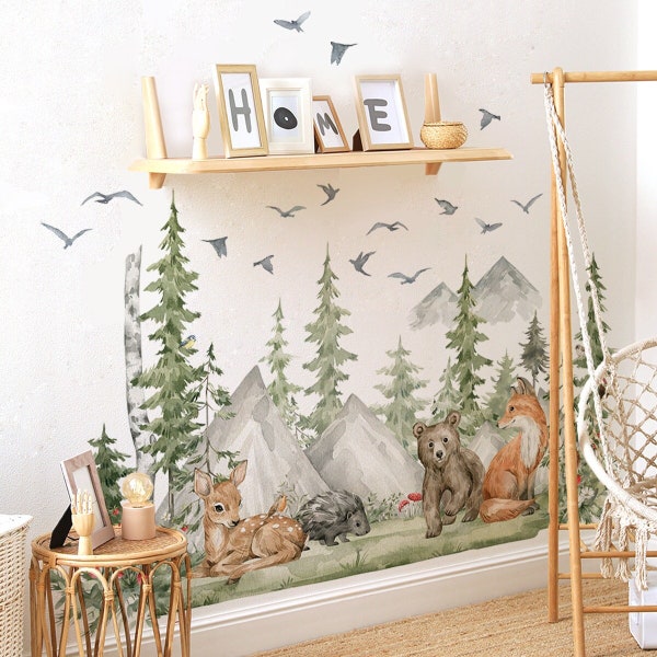 Autocollants muraux d'animaux de la forêt nordique, autocollants muraux de Woodland Friends-ours, renard, cerf, hérisson, autocollant de pépinière à l'aquarelle, décor de chambre de bébé, chambre d'enfants