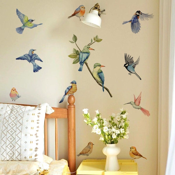 Stickers muraux oiseaux pour chambre à coucher Stickers muraux nature Sticker mural amovible pour chambre d'enfant, décoration de chambre d'enfant, Stickers muraux colibri, cadeau de pendaison de crémaillère