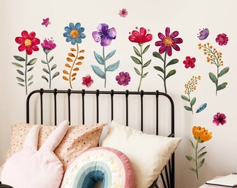 Calcomanías de pared de flores silvestres para guardería, pegatinas de pared de flores, decoración del dormitorio de la niña, calcomanías de guardería extraíbles, calcomanía de zócalo, decoración de esquina de pared