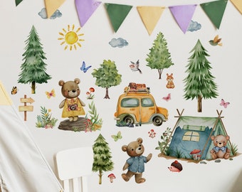 Sticker mural famille ours pour chambre d'enfant, art mural forêt pour chambre d'enfant, chambre d'enfant, stickers muraux forêt boisée, décoration de chambre d'enfant
