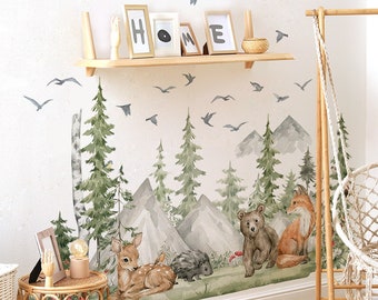 Nordic Forest Animals Wall Stickers,Woodland Friends-Bear Fox Deer Hedgehog Wall Decals,Watercolor Nursery Sticker,Baby room Decor,Kids Room