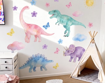 Aquarel dinosaurus muurstickers, kinderkamer decor, Peel and Stick speelkamerkunst